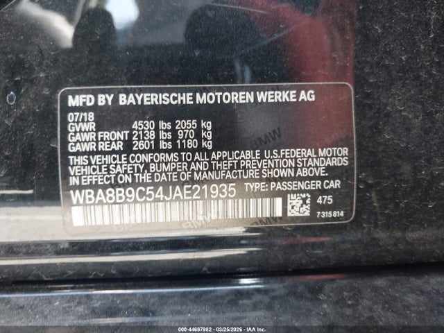 2018 Bmw 330i მანქანა იყიდება აუქციონზე, vin: WBA8B9C54JAE21935, აუქციონის ნომერი: 44697982