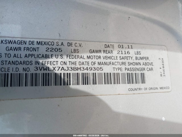 44697992 :رقم المزاد ، 3VWLX7AJ3BM349305 vin ، 2011 Volkswagen Jetta 2.5l Sel مزاد بيع
