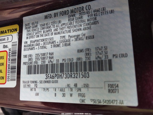 Aukcja sprzedaży 2013 Ford Fusion Se, vin: 3FA6P0H73DR321503, numer aukcji: 44698011