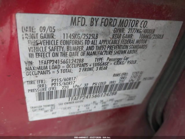 2006 FORD FIVE HUNDRED 1FAFP24156G124288 Photo 8