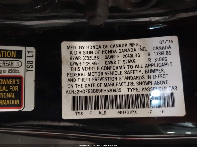 Продажа на аукционе авто 2015 Honda Civic Ex, vin: 2HGFG3B89FH530435, номер лота: 44698027