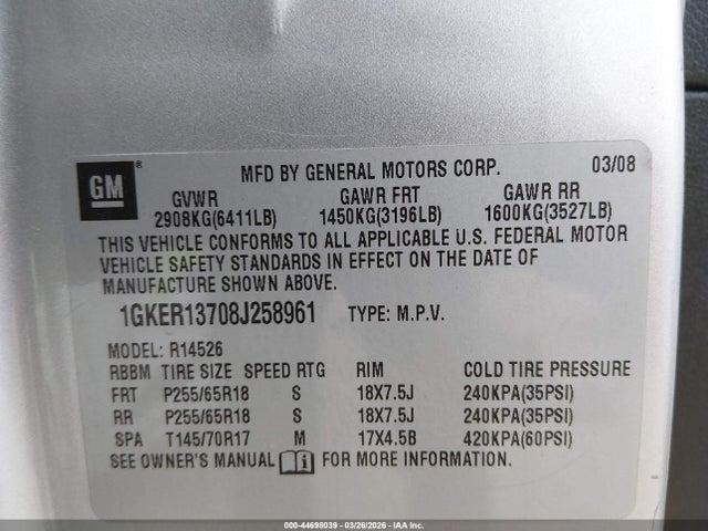 Aukcja sprzedaży 2008 Gmc Acadia Sle-1, vin: 1GKER13708J258961, numer aukcji: 44698039