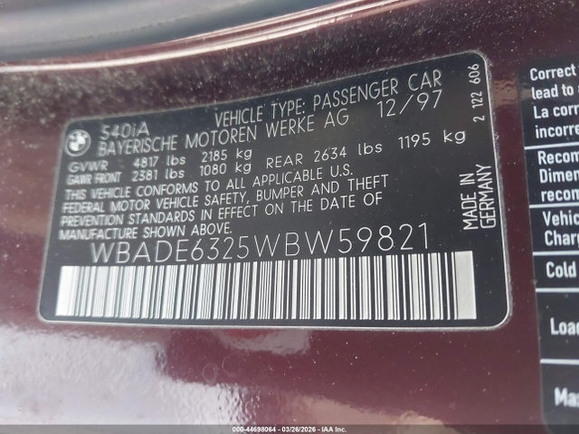 44698064 :رقم المزاد ، WBADE6325WBW59821 vin ، 1998 Bmw 540ia مزاد بيع