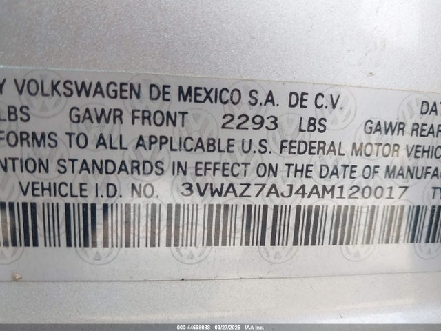 Aukcja sprzedaży 2010 Volkswagen Jetta Limited Edition, vin: 3VWAZ7AJ4AM120017, numer aukcji: 44698088