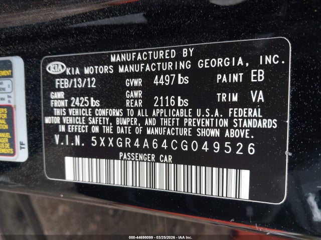 Продаж на аукціоні авто 2012 Kia Optima Sx, vin: 5XXGR4A64CG049526, номер лоту: 44698099