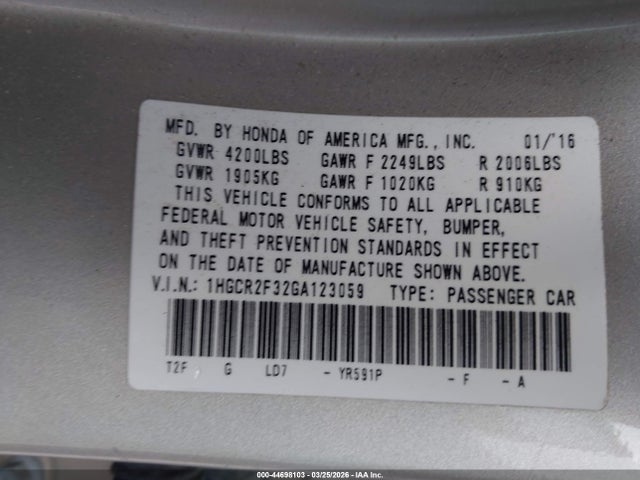 Aukcja sprzedaży 2016 Honda Accord Lx, vin: 1HGCR2F32GA123059, numer aukcji: 44698103