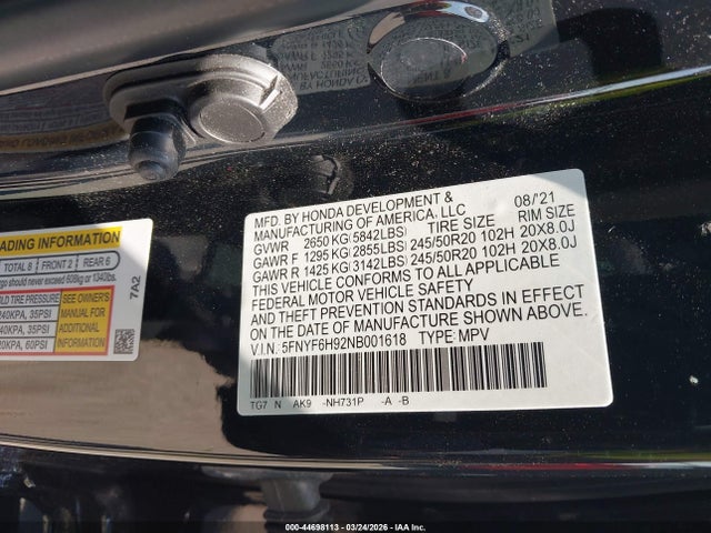 Продажа на аукционе авто 2022 Honda Pilot Awd Touring 8 Passenger, vin: 5FNYF6H92NB001618, номер лота: 44698113