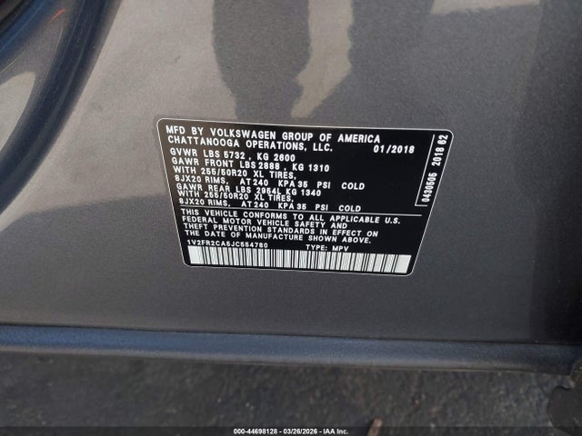 Aukcja sprzedaży 2018 Volkswagen Atlas 3.6l V6 Se W/technology, vin: 1V2FR2CA5JC554780, numer aukcji: 44698128