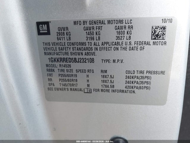 Aukcja sprzedaży 2011 Gmc Acadia Slt-1, vin: 1GKKRRED5BJ232108, numer aukcji: 44698144