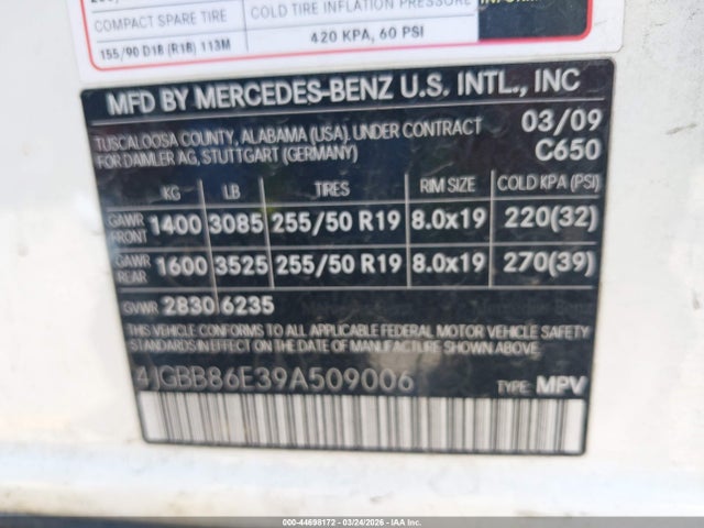 2009 Mercedes-benz Ml 350 4matic მანქანა იყიდება აუქციონზე, vin: 4JGBB86E39A509006, აუქციონის ნომერი: 44698172