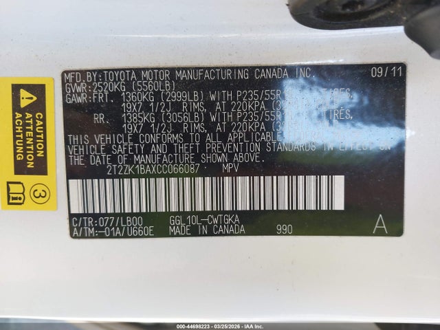2012 Lexus Rx 350 მანქანა იყიდება აუქციონზე, vin: 2T2ZK1BAXCC066087, აუქციონის ნომერი: 44698223