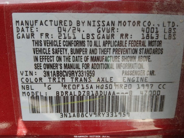 3N1AB8CV9RY331959 Nissan Sentra Sv Xtronic Cvt