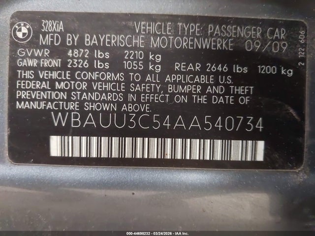 2010 Bmw 328i Xdrive მანქანა იყიდება აუქციონზე, vin: WBAUU3C54AA540734, აუქციონის ნომერი: 44698232