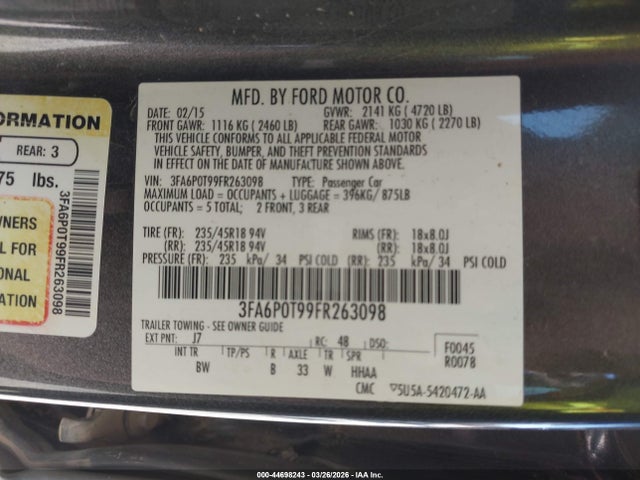 Aukcja sprzedaży 2015 Ford Fusion Se, vin: 3FA6P0T99FR263098, numer aukcji: 44698243