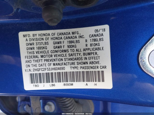 Honda Civic Lx 2018 2HGFC2F53JH604690 Image 9