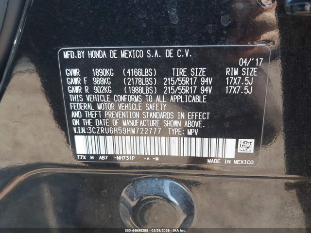 3CZRU6H59HM722777 Honda HR-V EX