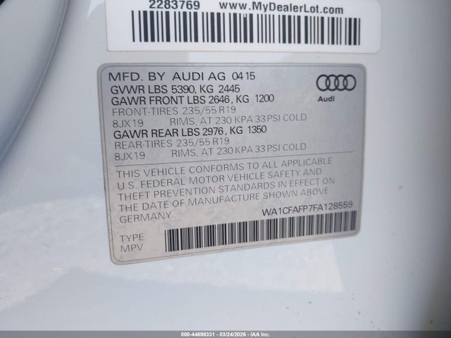 Продажа на аукционе авто 2015 Audi Q5 2.0t Premium, vin: WA1CFAFP7FA128559, номер лота: 44698331
