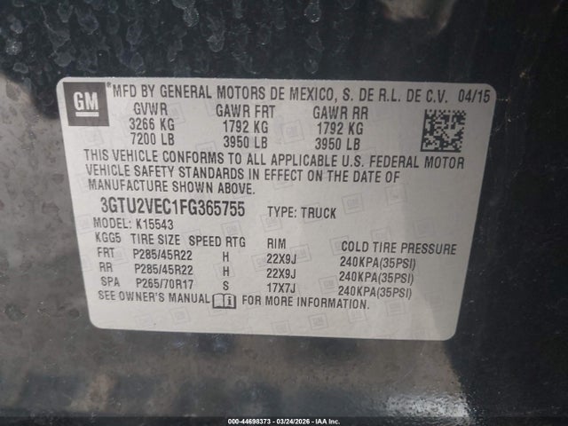 2015 Gmc Sierra 1500 Slt მანქანა იყიდება აუქციონზე, vin: 3GTU2VEC1FG365755, აუქციონის ნომერი: 44698373