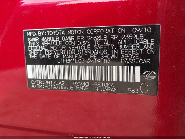 Продажа на аукционе авто 2011 Lexus Es 350, vin: JTHBK1EG3B2419187, номер лота: 44698447