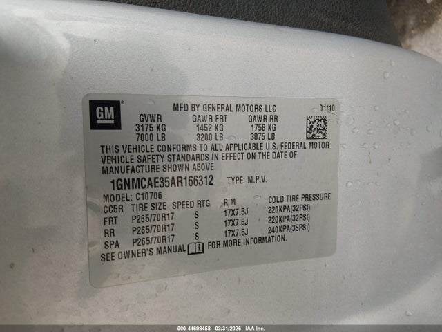 Продаж на аукціоні авто 2010 Chevrolet Tahoe Ls, vin: 1GNMCAE35AR166312, номер лоту: 44698458