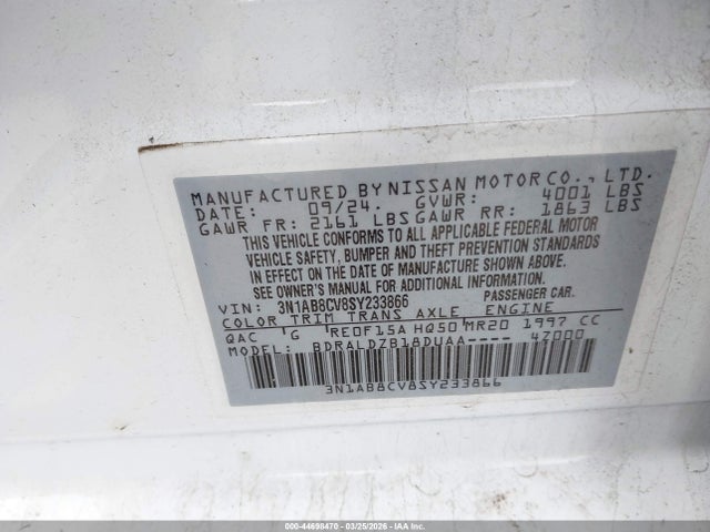 Продаж на аукціоні авто 2025 Nissan Sentra Sv, vin: 3N1AB8CV8SY233866, номер лоту: 44698470