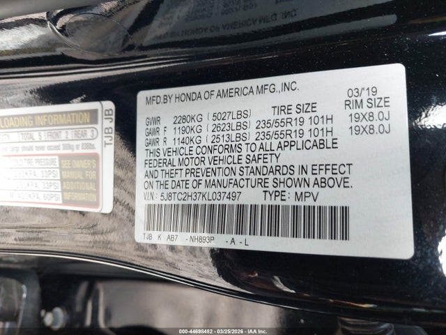 44698482 :رقم المزاد ، 5J8TC2H37KL037497 vin ، 2019 Acura Rdx Standard مزاد بيع