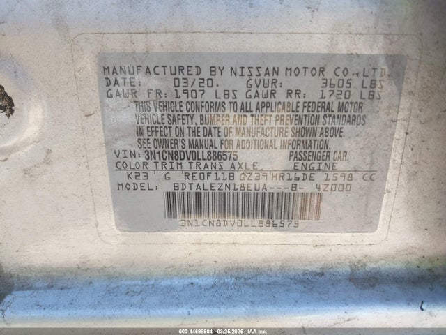 Nissan Versa S Xtronic Cvt 2020 3N1CN8DV0LL886575 Image 9