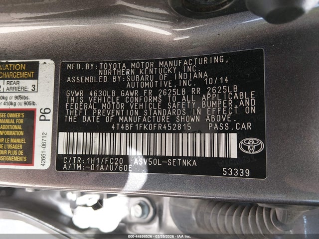 Aukcja sprzedaży 2015 Toyota Camry Le, vin: 4T4BF1FK0FR452815, numer aukcji: 44698526
