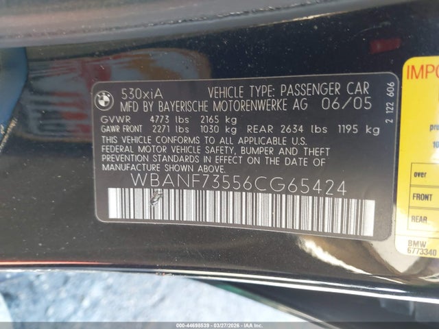 44698539 :رقم المزاد ، WBANF73556CG65424 vin ، 2006 Bmw 530xi مزاد بيع