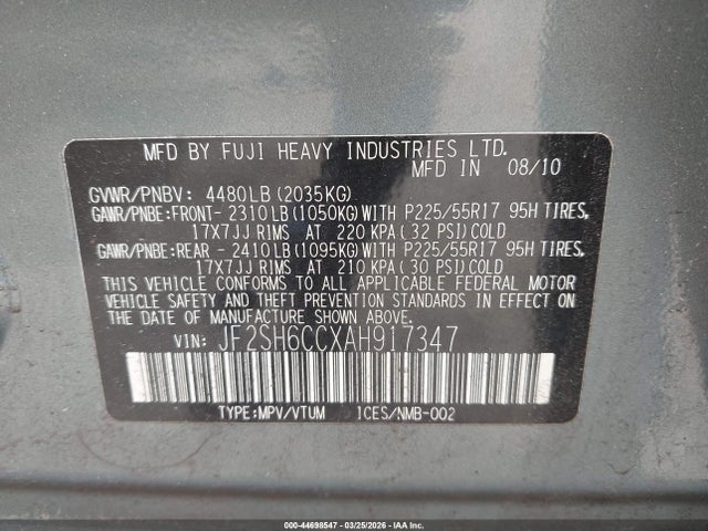 44698547 :رقم المزاد ، JF2SH6CCXAH917347 vin ، 2010 Subaru Forester 2.5x Premium مزاد بيع