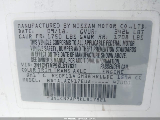 Nissan Versa 1.6 S+ 2019 3N1CN7AP9KL817821 Image 9