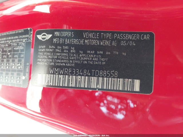 2004 MINI COOPER S WMWRE33484TD88558 Photo 8