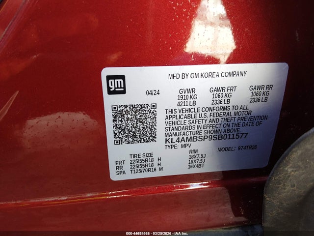 44698566 :رقم المزاد ، KL4AMBSP9SB011577 vin ، 2025 Buick Encore Gx Preferred Fwd مزاد بيع