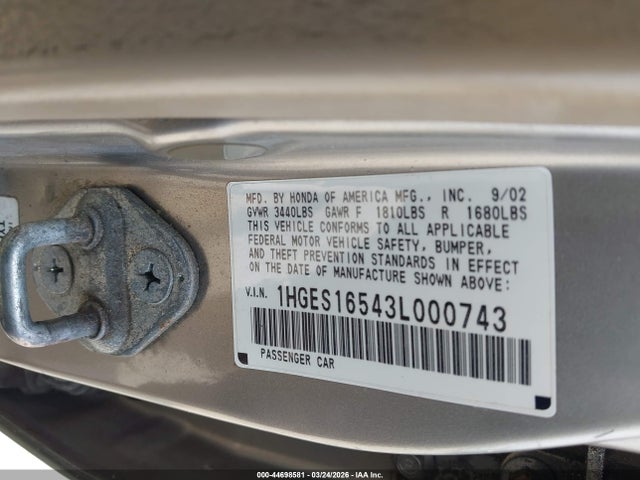 Продаж на аукціоні авто 2003 Honda Civic Lx, vin: 1HGES16543L000743, номер лоту: 44698581