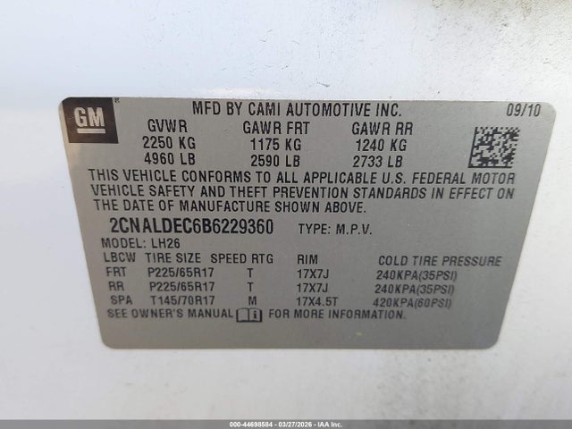 Продаж на аукціоні авто 2011 Chevrolet Equinox 1lt, vin: 2CNALDEC6B6229360, номер лоту: 44698584