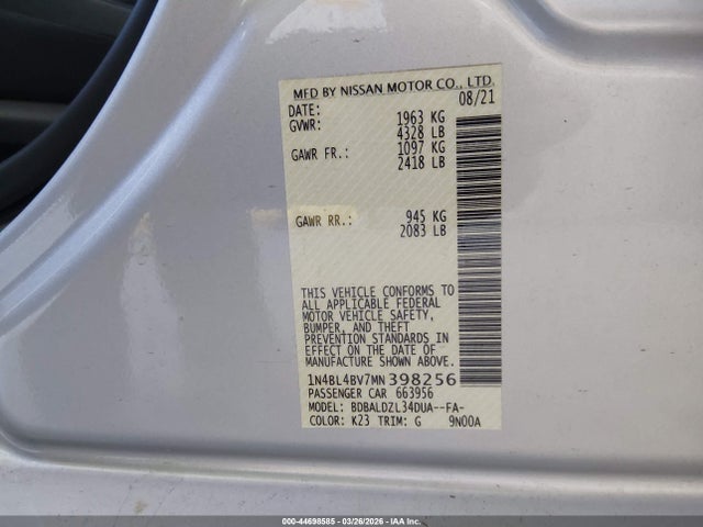 Aukcja sprzedaży 2021 Nissan Altima S Fwd, vin: 1N4BL4BV7MN398256, numer aukcji: 44698585