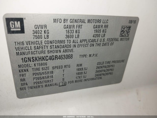 Chevrolet Suburban Lt 2016 1GNSKHKC4GR463068 Image 9