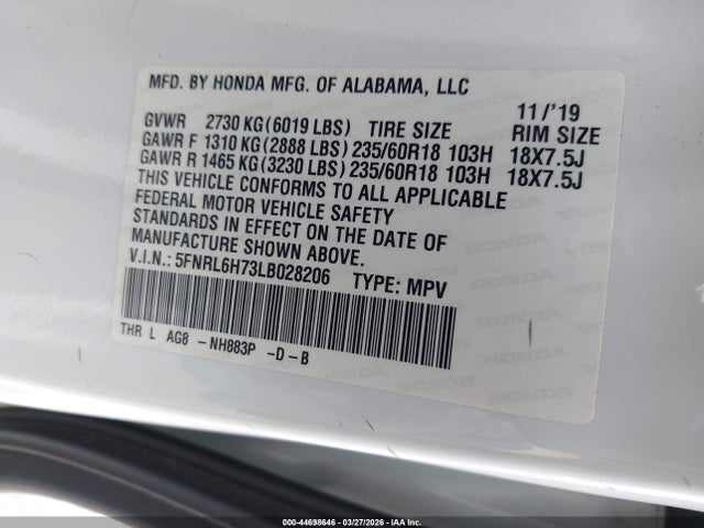 2020 HONDA ODYSSEY 5FNRL6H73LB028206 Photo 8