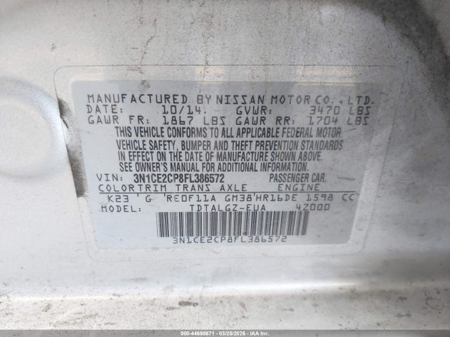 3N1CE2CP8FL386572 Nissan Versa Note Sr