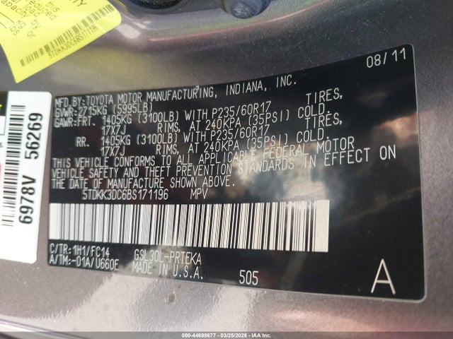 Aukcja sprzedaży 2011 Toyota Sienna Le V6, vin: 5TDKK3DC6BS171196, numer aukcji: 44698677
