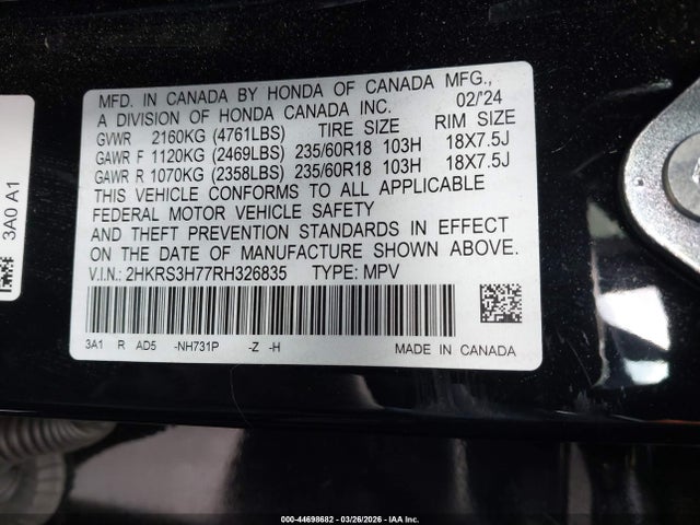 Продаж на аукціоні авто 2024 Honda Cr-v Ex-l 2wd, vin: 2HKRS3H77RH326835, номер лоту: 44698682