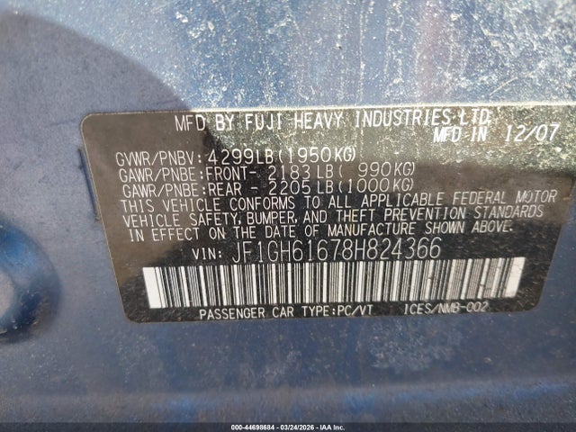 Aukcja sprzedaży 2008 Subaru Impreza 2.5i, vin: JF1GH61678H824366, numer aukcji: 44698684