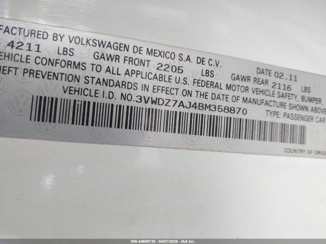 Продаж на аукціоні авто 2011 Volkswagen Jetta 2.5l Se, vin: 3VWDZ7AJ4BM358870, номер лоту: 44698730