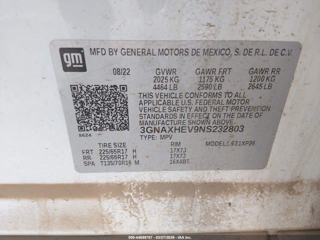 3GNAXHEV9NS232803 Chevrolet Equinox Fwd Ls