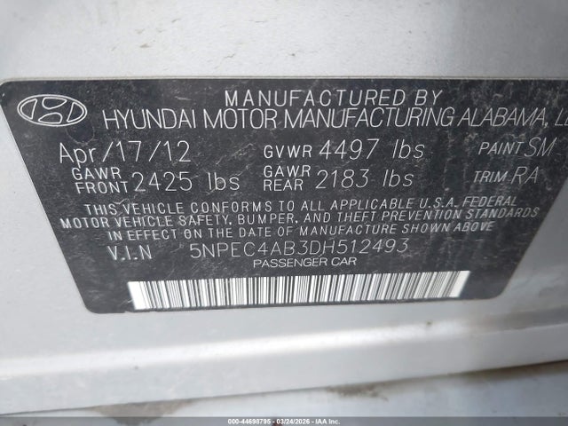 Продажа на аукционе авто 2013 Hyundai Sonata Limited 2.0t, vin: 5NPEC4AB3DH512493, номер лота: 44698795