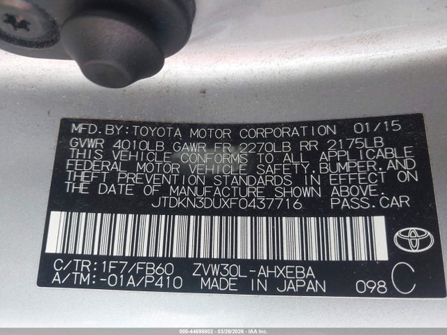 Aukcja sprzedaży 2015 Toyota Prius Two, vin: JTDKN3DUXF0437716, numer aukcji: 44698802