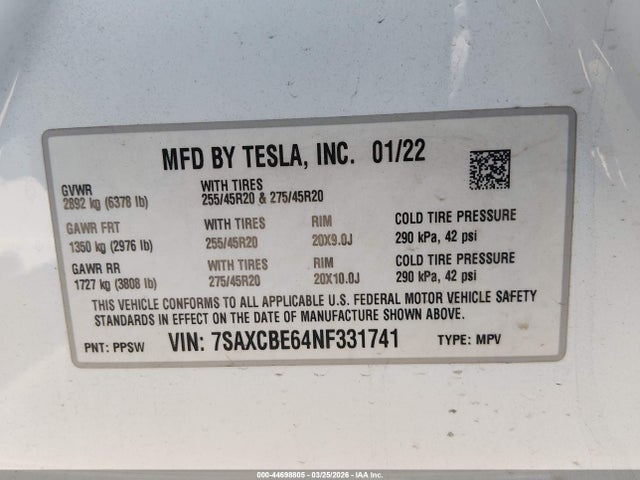 Aukcja sprzedaży 2022 Tesla Model X Plaid Tri Motor All-wheel Drive, vin: 7SAXCBE64NF331741, numer aukcji: 44698805