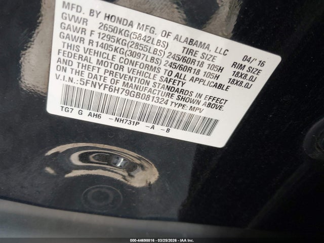 2016 Honda Pilot Ex-l მანქანა იყიდება აუქციონზე, vin: 5FNYF6H79GB081324, აუქციონის ნომერი: 44698816