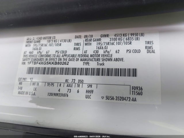 Продажа на аукционе авто 2019 Ford Transit-350, vin: 1FTBF4XG5KKB80262, номер лота: 44698823