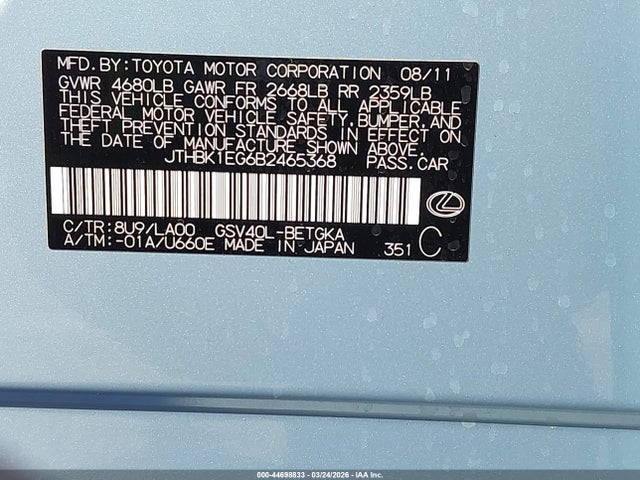 44698833 :رقم المزاد ، JTHBK1EG6B2465368 vin ، 2011 Lexus Es 350 مزاد بيع